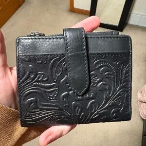 Embossed Floral Black Leather Wallet